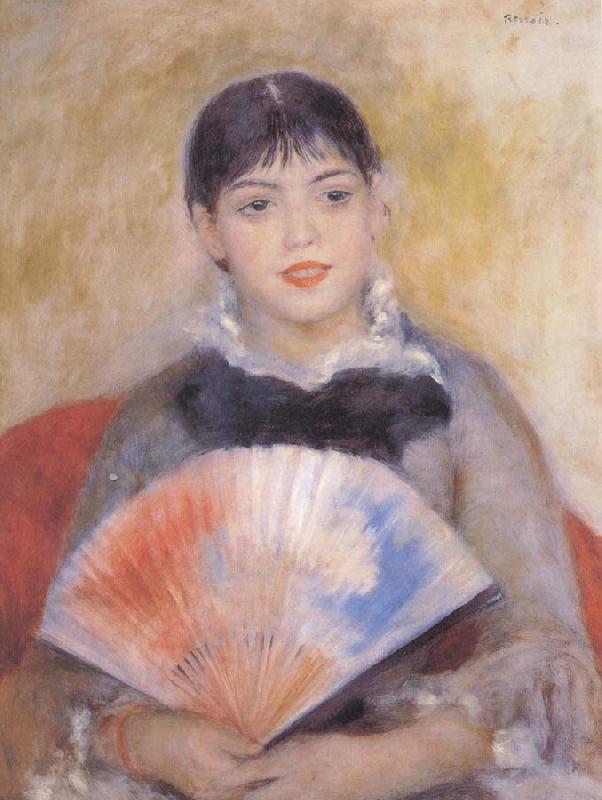 Pierre Auguste Renoir girl witb a f an oil painting picture